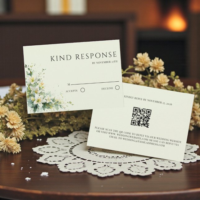 Sage Green Lily Valley Floral QR Code Wedding RSVP Karte (Sage Green Lily Valley Floral QR Code Wedding RSVP Card)