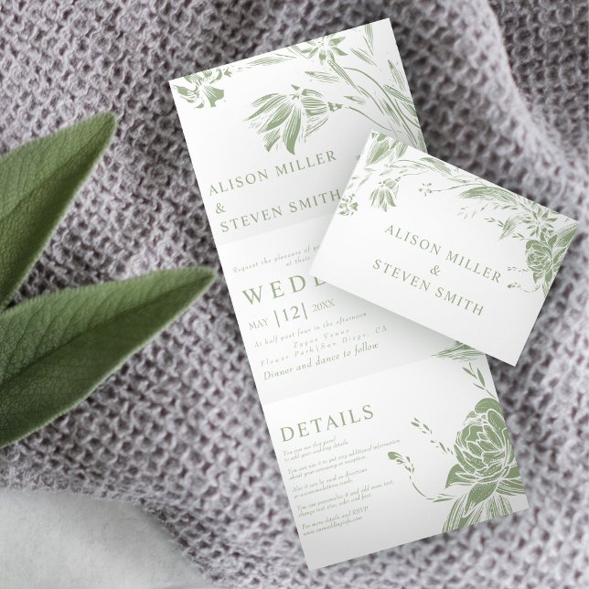 Sage Green Line Art Blume Foto Hochzeit Dreifach Gefaltete Einladung (Von Creator hochgeladen)