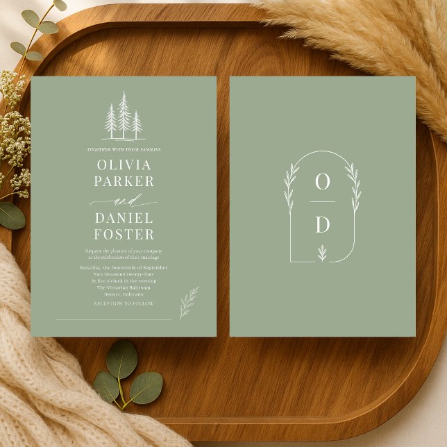 Sage Green Line Art Rustic Forest Wedding Einladung (Von Creator hochgeladen)