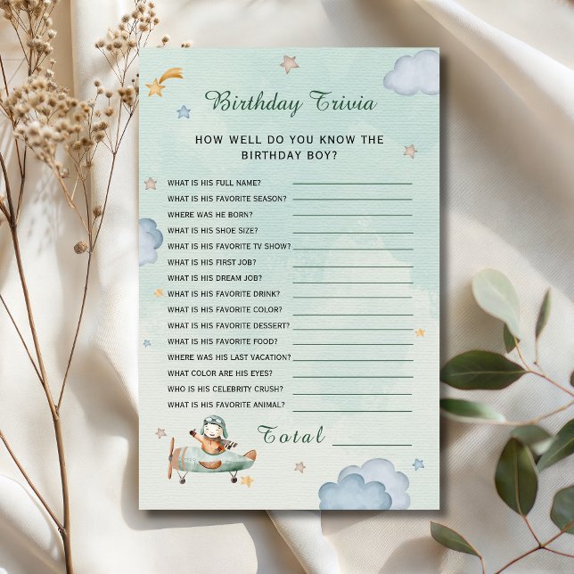 Sage Green Little Pilot Birthday Trivia Card (Von Creator hochgeladen)