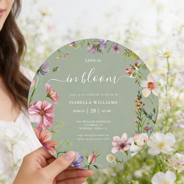 Sage Green Love in Bloom Floral Bridal Shower Einladung (Front of round 5.25 inch invite is shown, choose paper and corner style. Add a QR Code to the back.)