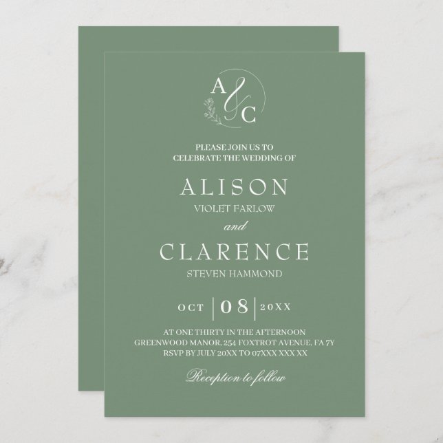 Sage Green Luxury Monogram Wedding Einladung (Vorne/Hinten)