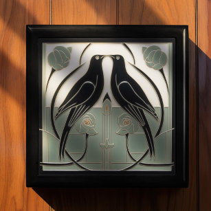 Sage Green Mackintosh Black Birds Art Deco Dekorat Erinnerungskiste