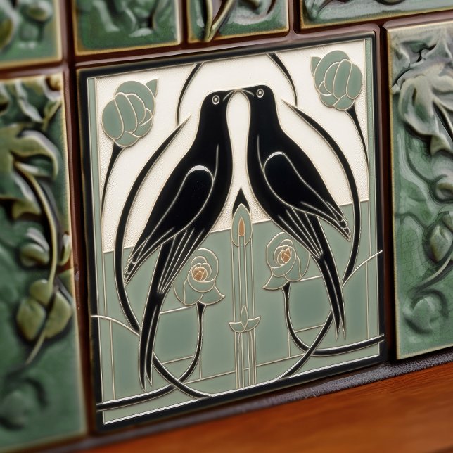 Sage Green Mackintosh Black Birds Art Deco Dekorat Fliese (Von Creator hochgeladen)