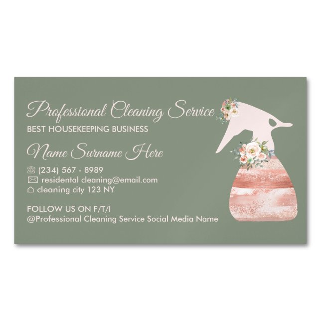 Sage Green Maid Spray Blume Glamour Reinigung Magnetische Visitenkarte (Vorderseite)