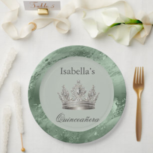 Sage Green Metallic Silver Tiara Crown Quinceañera Pappteller