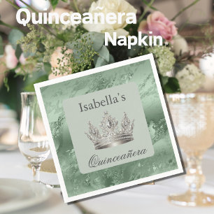 Sage Green Metallic Silver Tiara Crown Quinceañera Serviette