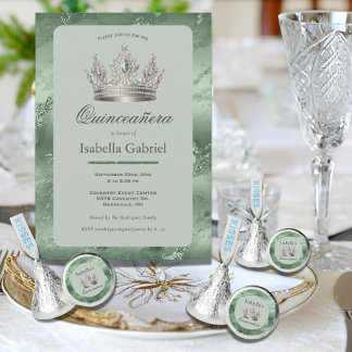 Sage Green Metallic Tiara Elegant Quinceañera Einladung
