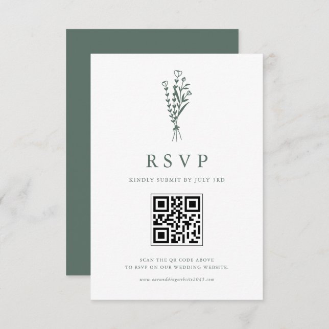 Sage Green Minimailist Botanicals QR Code Hochzeit RSVP Karte (Vorne/Hinten)