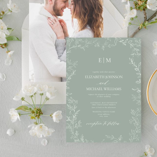 Sage Green Minimal Leaf Foto Monogram Wedding Einladung (Von Creator hochgeladen)