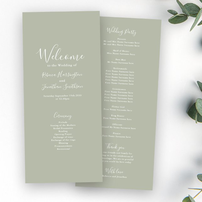 Sage Green Minimal Modern Wedding Program Card (Von Creator hochgeladen)