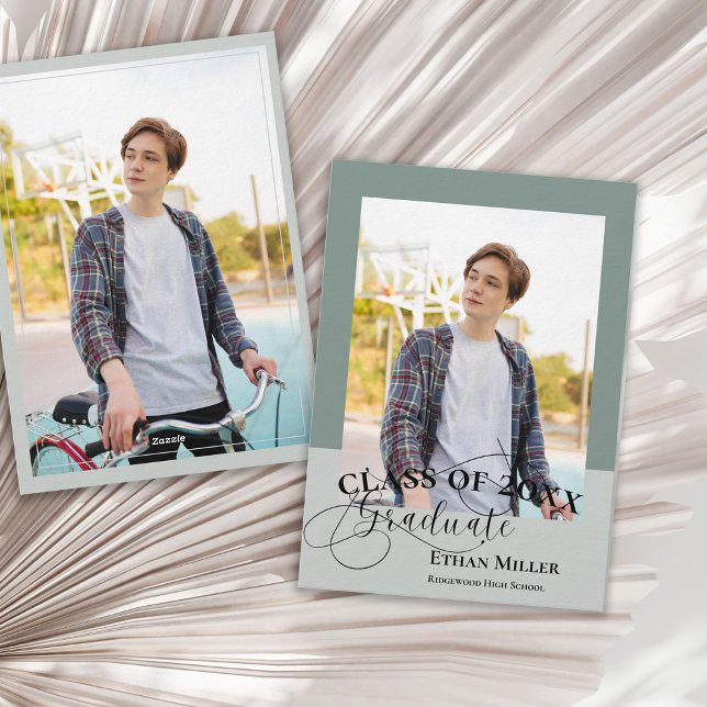 Sage Green Minimal Photo Graduation Announcement Einladung (Class of 20XX Photo Graduation Announcement Card | Modern Sage Neutral Design)