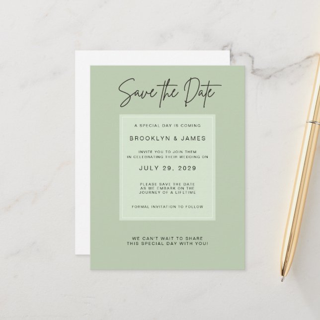 Sage Green Minimal Wedding Save The Date Ankündigungspostkarte (Vorderseite/Rückseite Beispiel)