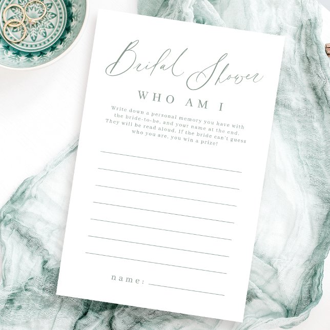 Sage Green Minimalist, der ich bin Brautparty-Spie (Sage green minimalist who am I bridal shower game)