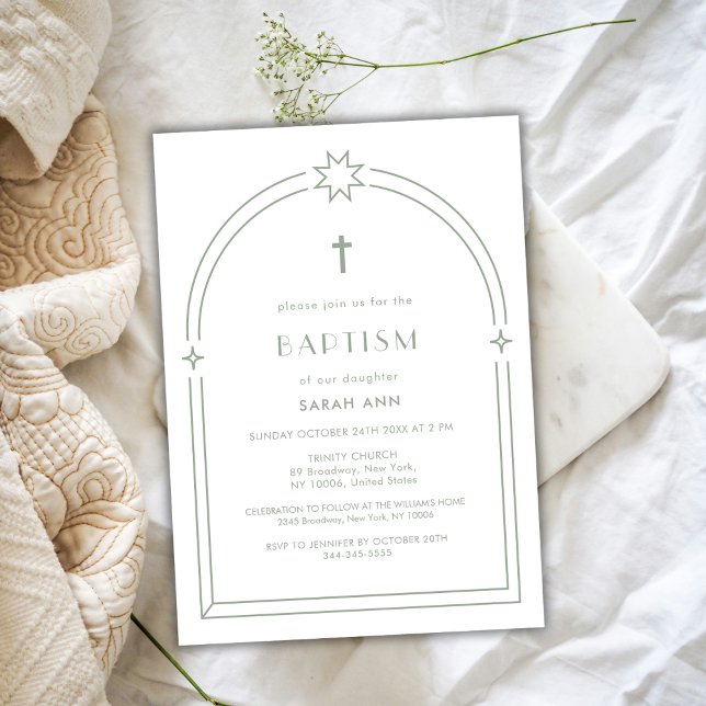 Sage Green Minimalistisch Boho Arch Cross Taufe Einladung (Sage Green Minimalist Boho Arch Cross Baptism Invitation
)