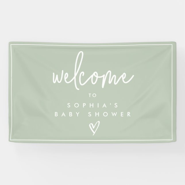 Sage Green Minimalistisch Boho Babydusche Willkomm Banner (Horizontal)