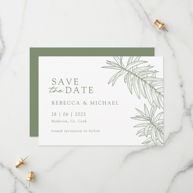 Sage Green Minimalistisch Botanic Save the Date (Vorderseite/Rückseite Beispiel)