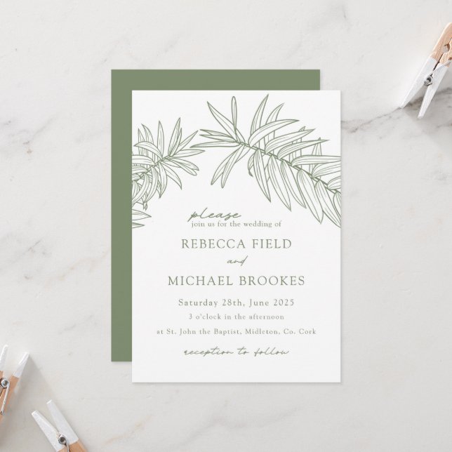 Sage Green Minimalistisch Botanical Wedding Einladung (Vorderseite/Rückseite Beispiel)