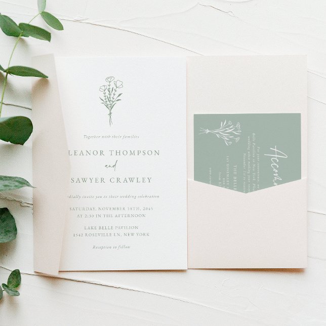 Sage Green Minimalistisch Botanicals Wedding Einladung (Von Creator hochgeladen)