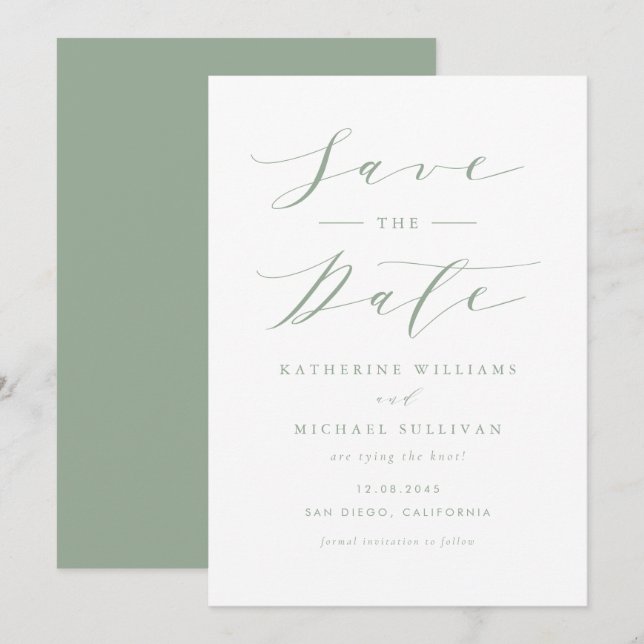 Sage Green Minimalistisch Dainty Script Wedding Save The Date (Vorne/Hinten)