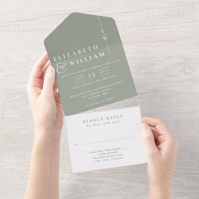 Sage Green Minimalistisch Elegant Monogram Wedding All In One Einladung (Abreißen)