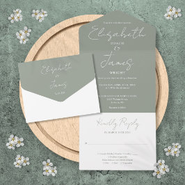 Sage Green Minimalistisch Elegant Script Wedding All In One Einladung
