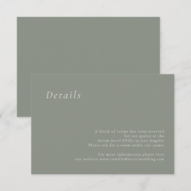 Sage Green Minimalistisch Elegante Wedding Details RSVP Karte (Vorne/Hinten)