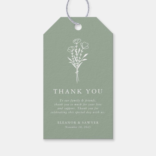 Sage Green Minimalistisch Floral Bouquet Wedding Geschenkanhänger (Vorderseite)