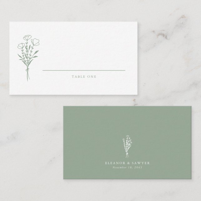Sage Green Minimalistisch Floral Bouquet Wedding Platzkarte (Vorne/Hinten)