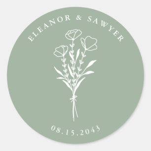 Sage Green Minimalistisch Floral Bouquet Wedding Runder Aufkleber