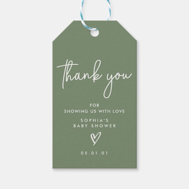 Sage Green Minimalistisch Modern Boho Babydusche Geschenkanhänger (Vorderseite)