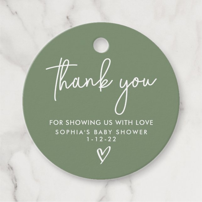 Sage Green Minimalistisch Modern Boho Babydusche Geschenkanhänger (Vorderseite)