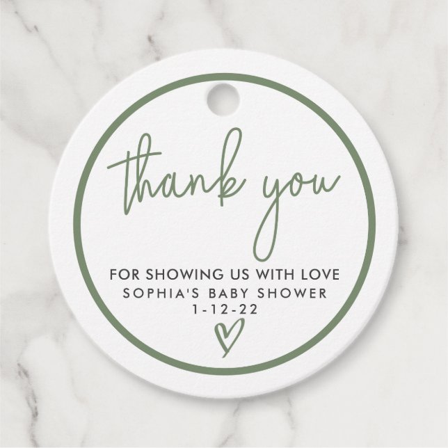 Sage Green Minimalistisch Modern Boho Babydusche Geschenkanhänger (Vorderseite)