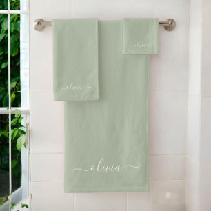 Sage Green Minimalistisch Modern Monogram Elegant Badhandtuch Set