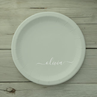 Sage Green Minimalistisch Modern Monogram Elegant Pappteller