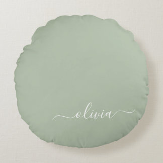 Sage Green Minimalistisch Modern Monogram Elegant Rundes Kissen
