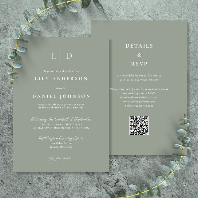 Sage Green Minimalistisch Monogram QR Code Wedding Einladung (Sage Green Minimalist Monogram QR Code Wedding Invitation)