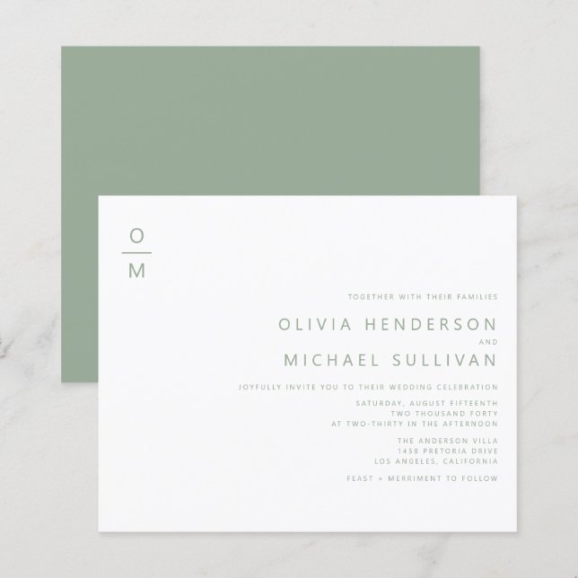Sage Green Minimalistisch Monogram Wedding Einladu (Vorne/Hinten)