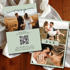 Sage Green Minimalistisch QR Code Foto Hochzeit RSVP Karte
