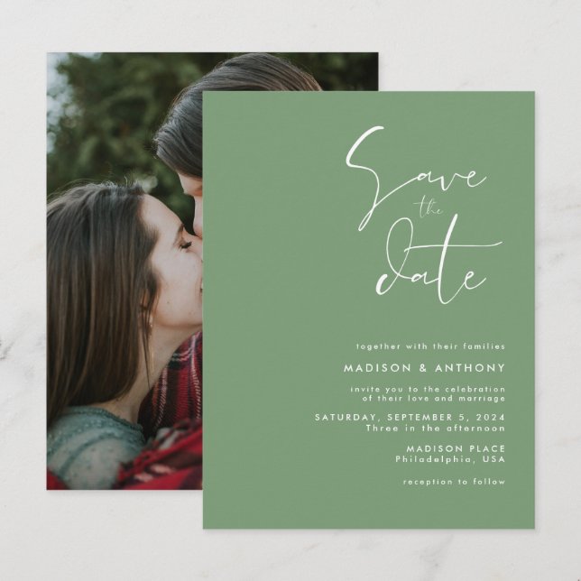 Sage Green Minimalistisch Save the Date Hochzeitss Einladungspostkarte (Vorne/Hinten)