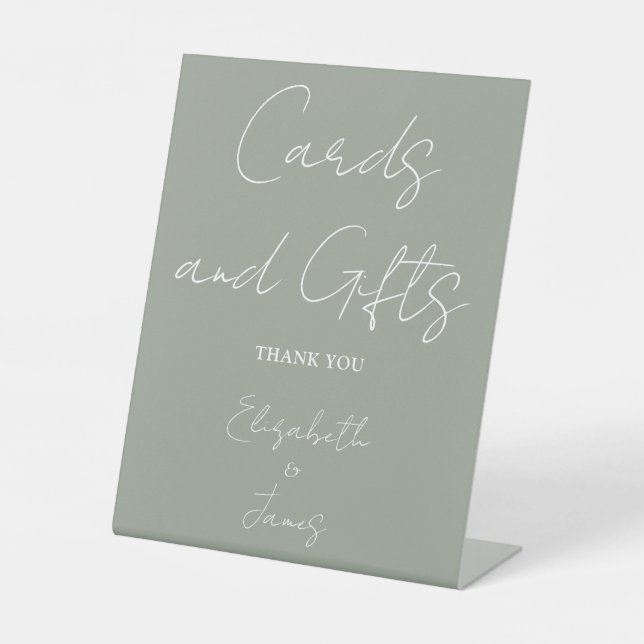 Sage Green Minimalistisch Script Cards und Geschen Sockelschild (Vorderseite)