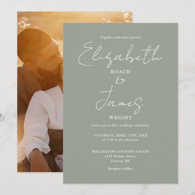 Sage Green Minimalistisch Script Foto Hochzeit Einladung (Vorne/Hinten)
