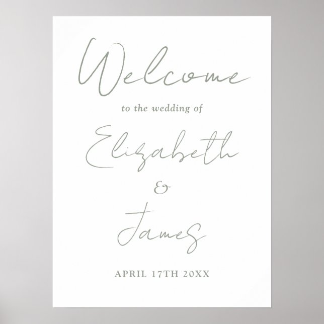 Sage Green Minimalistisch Script Wedding Willkomme Poster (Vorne)