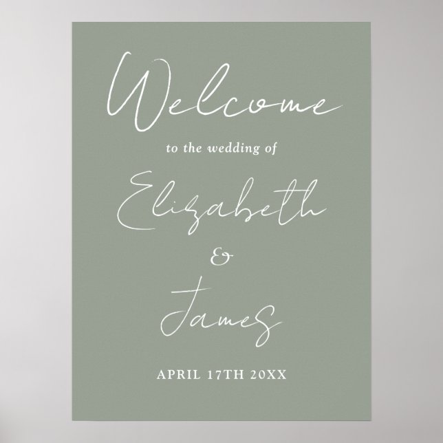 Sage Green Minimalistisch Script Wedding Willkomme Poster (Vorne)