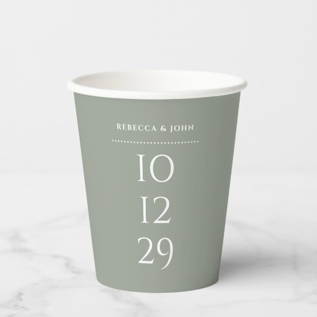 Sage Green Minimalistisch Special Date Hochzeit Pappbecher (Vorderseite)