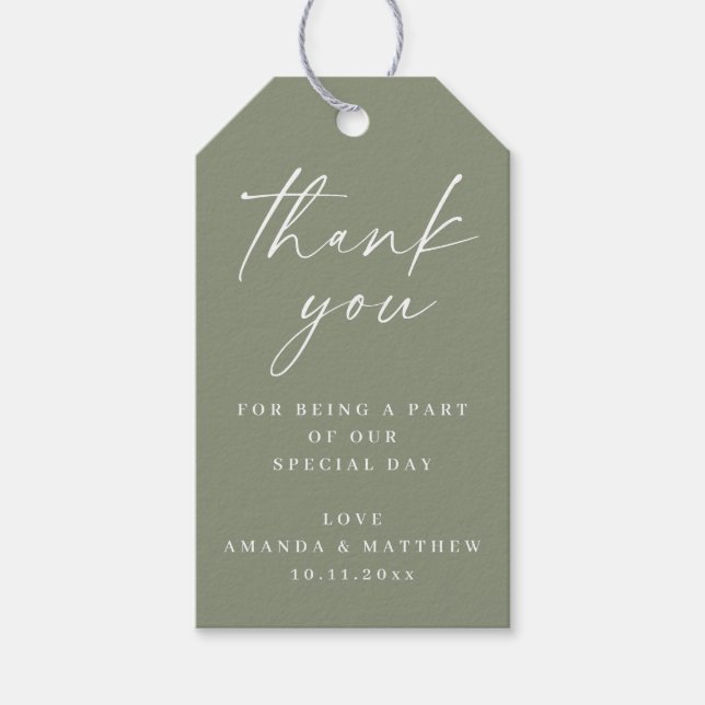 Sage Green Minimalistisch Wedding Danke | elegant Geschenkanhänger (Vorderseite)
