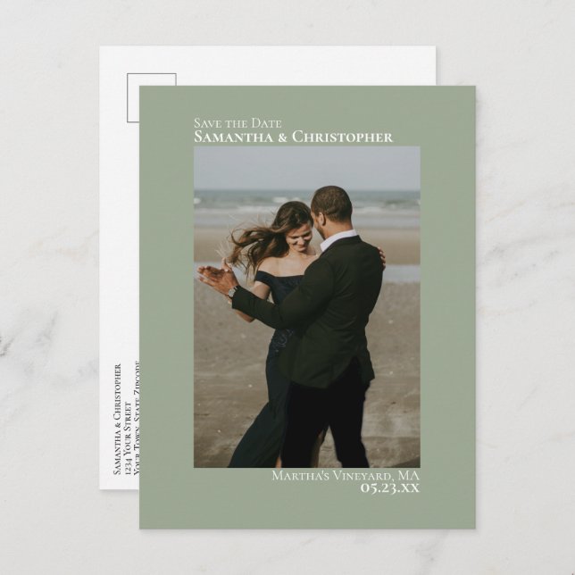 Sage Green Minimalistisch Wedding Foto Save the Da Ankündigungspostkarte (Vorne/Hinten)