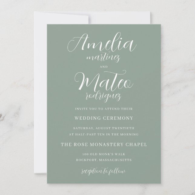 Sage Green Minimalistisch White Script Wedding Einladung (Vorderseite)