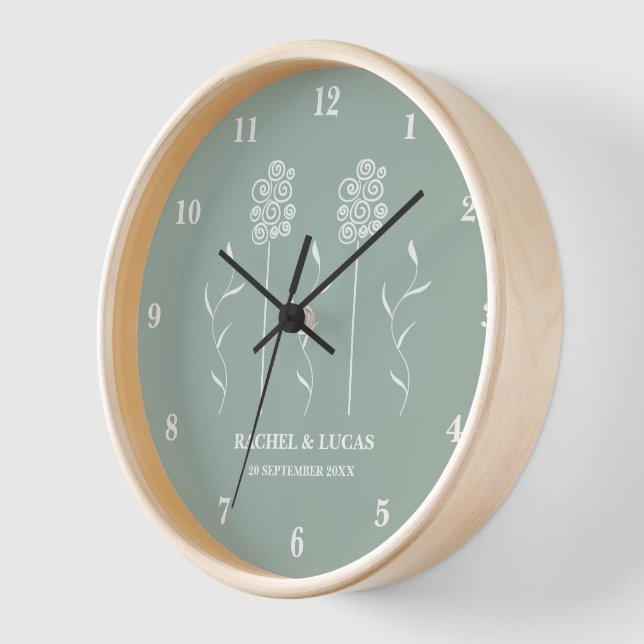 Sage Green Minimalistische, rund blumige Wand Uhr (Winkel)