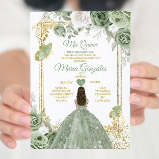 Sage Green Mis Quince 15 Anos Gold Crown Butterfly Einladung